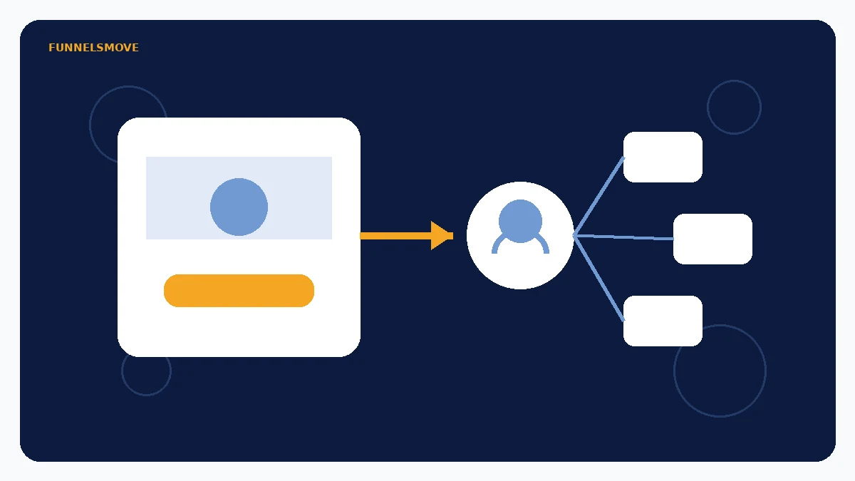 Conceptual lead-generation visual showing an ad flowing to a contact and CRM nodes