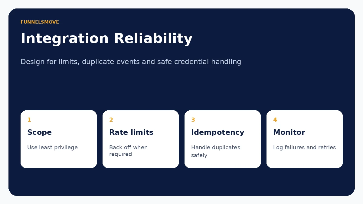 HighLevel API integration reliability framework covering scope rate limits idempotency and monitoring