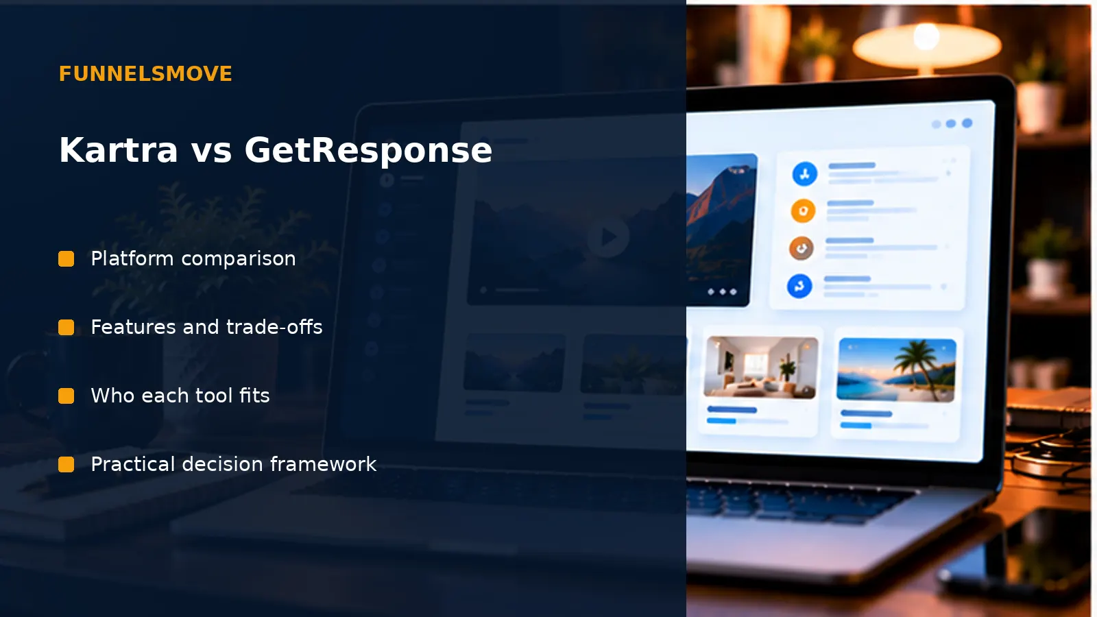 Illustrated workspace for Kartra vs GetResponse: Email, Funnels and Fit