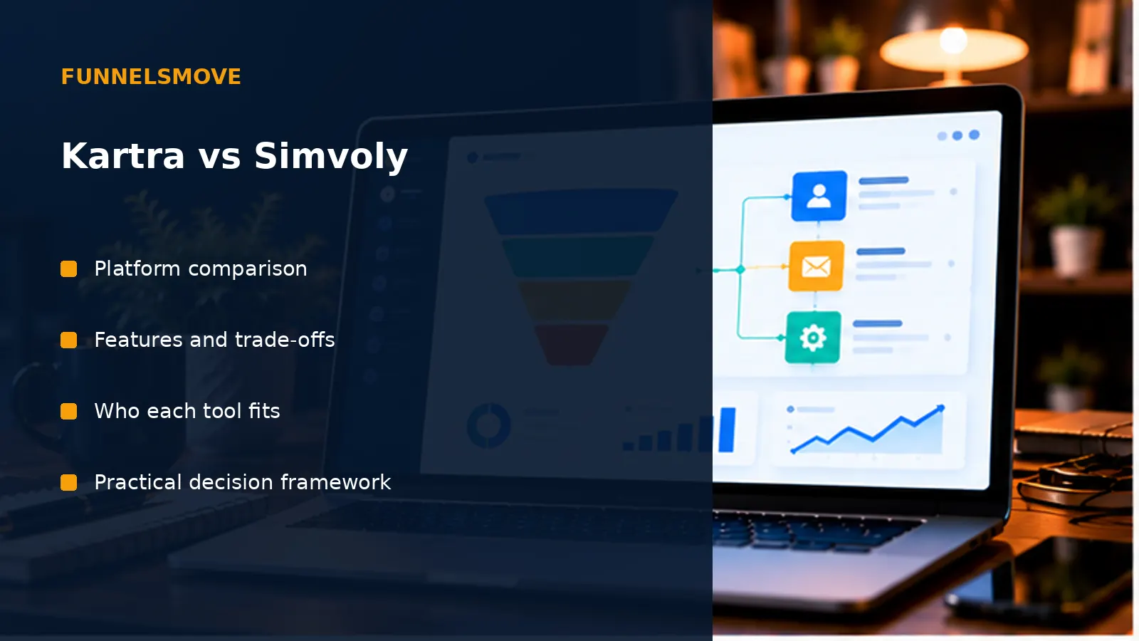 Illustrated workspace for Kartra vs Simvoly: Funnels, CRM and Fit