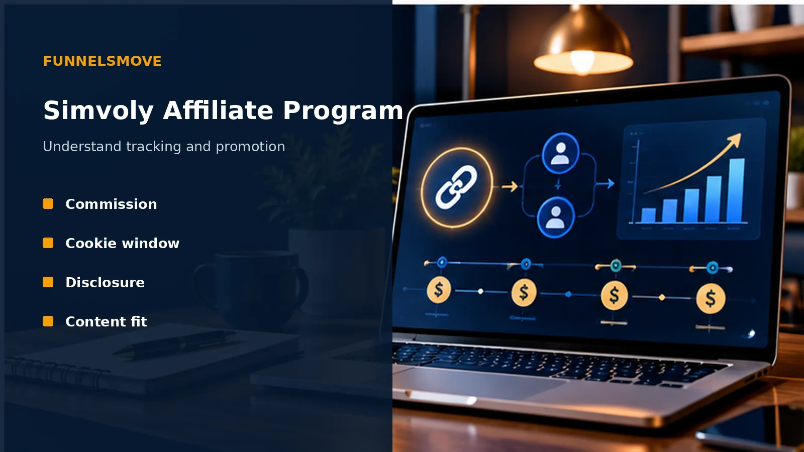 Simvoly Affiliate Program: How It Works illustrated in a modern laptop workspace