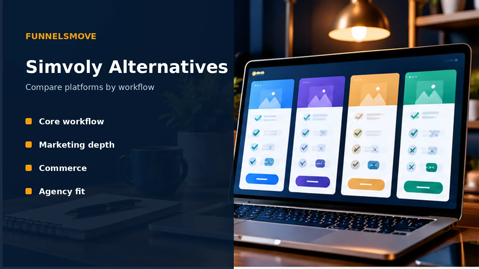 Simvoly Alternatives: Compare Platforms by Use Case illustrated in a modern laptop workspace