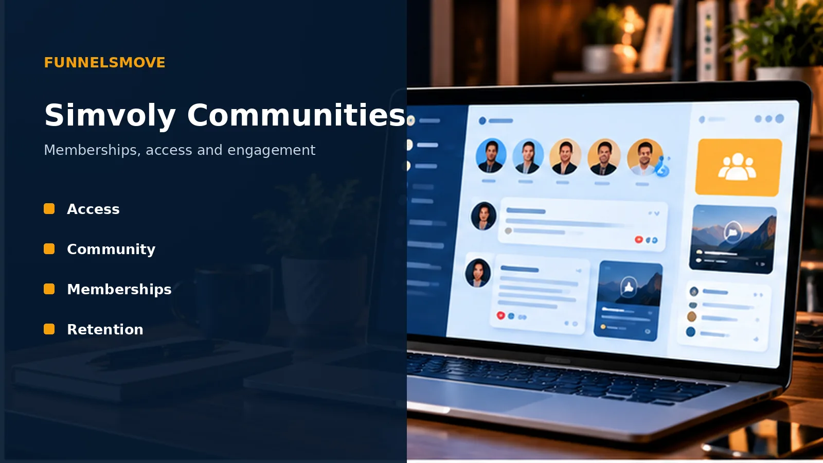 Simvoly Communities and Memberships: Features and Fit illustrated in a modern laptop workspace