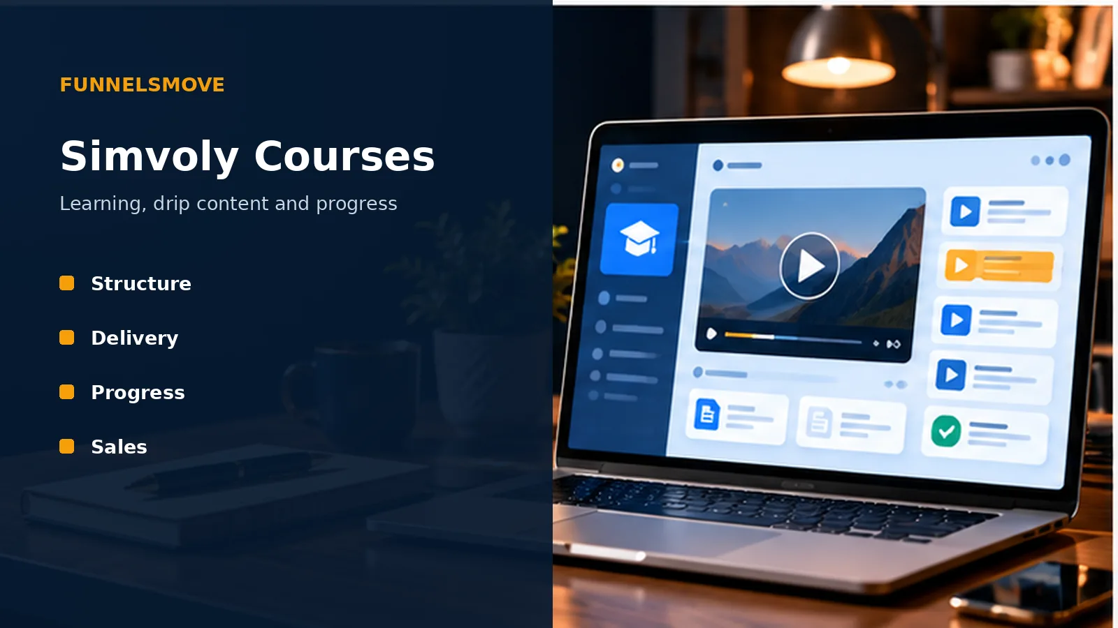 Simvoly Courses: Learning Features and Fit illustrated in a modern laptop workspace