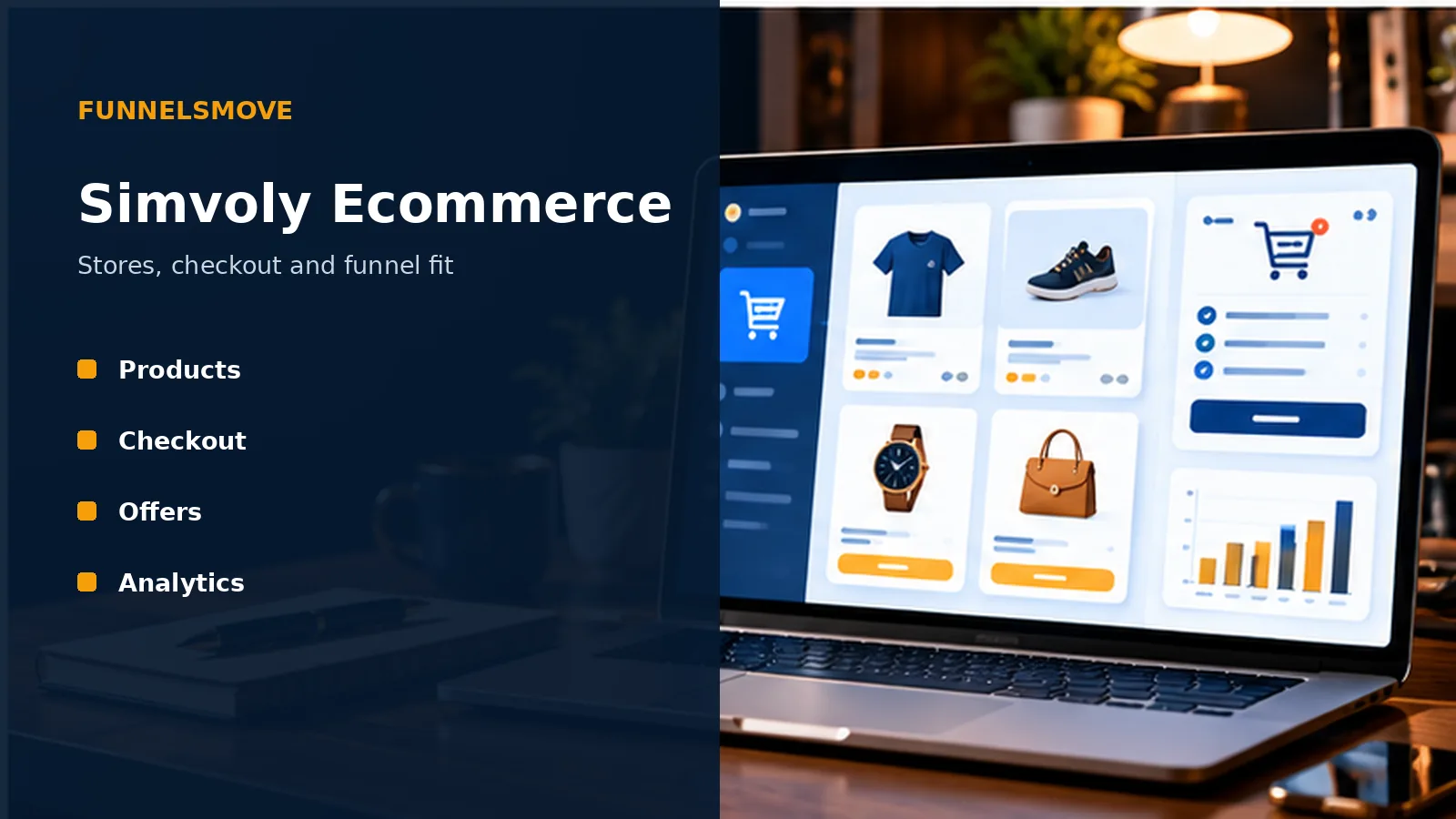 Simvoly Ecommerce: Stores, Checkout and Funnel Fit illustrated in a modern laptop workspace
