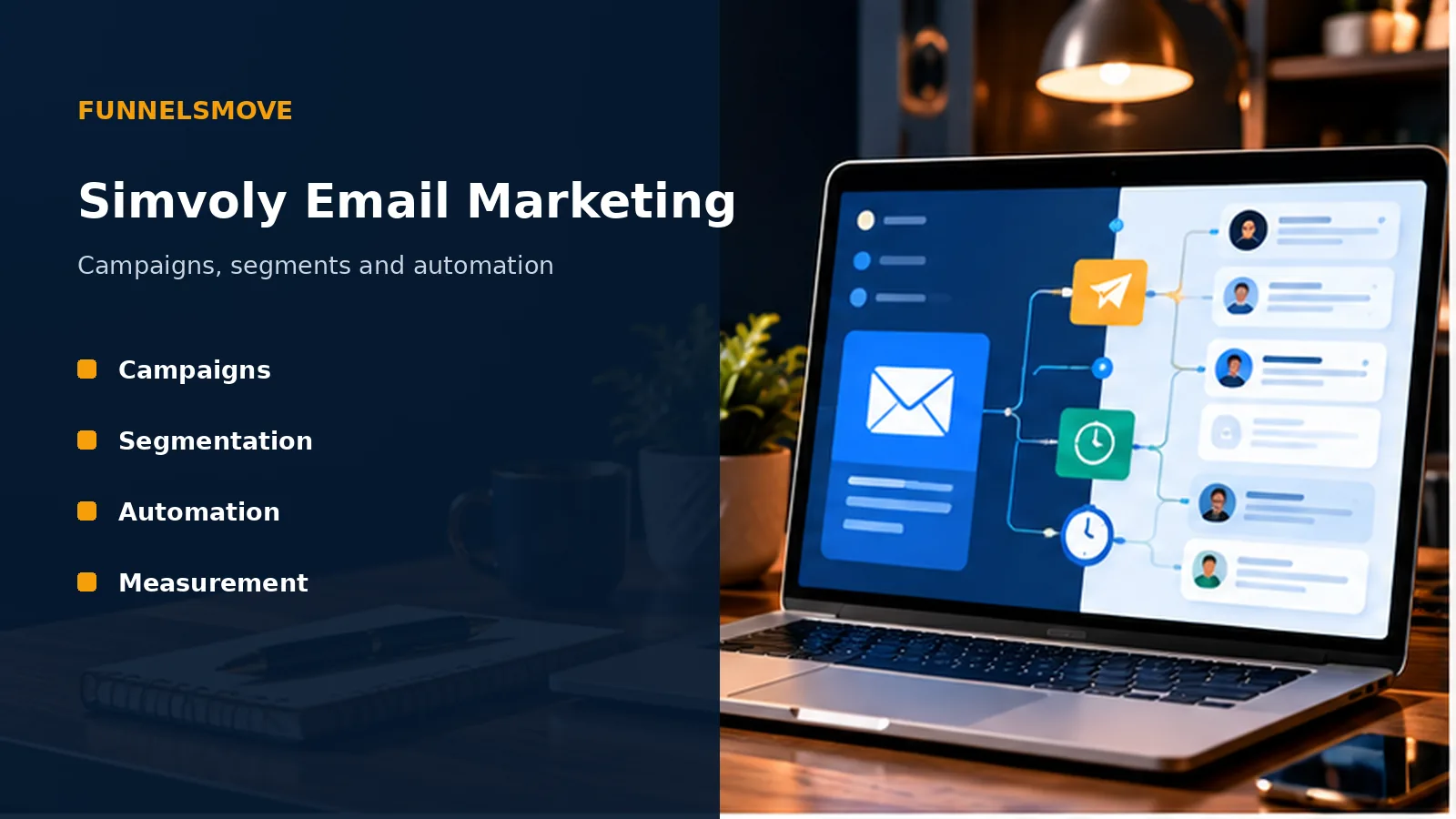Simvoly Email Marketing and Automation: Features and Fit illustrated in a modern laptop workspace