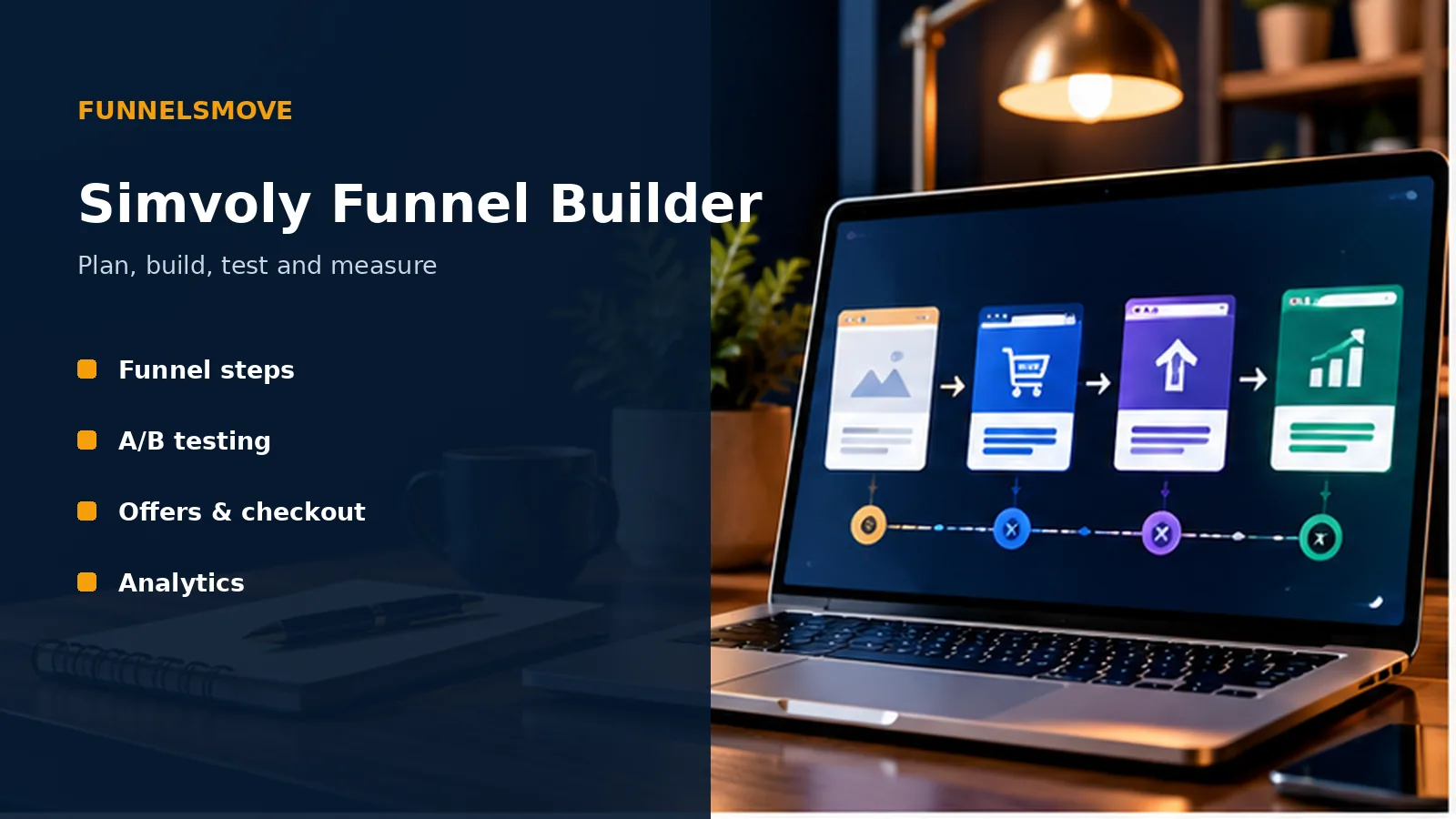Simvoly Funnel Builder: Features, Testing and Fit illustrated in a modern laptop workspace