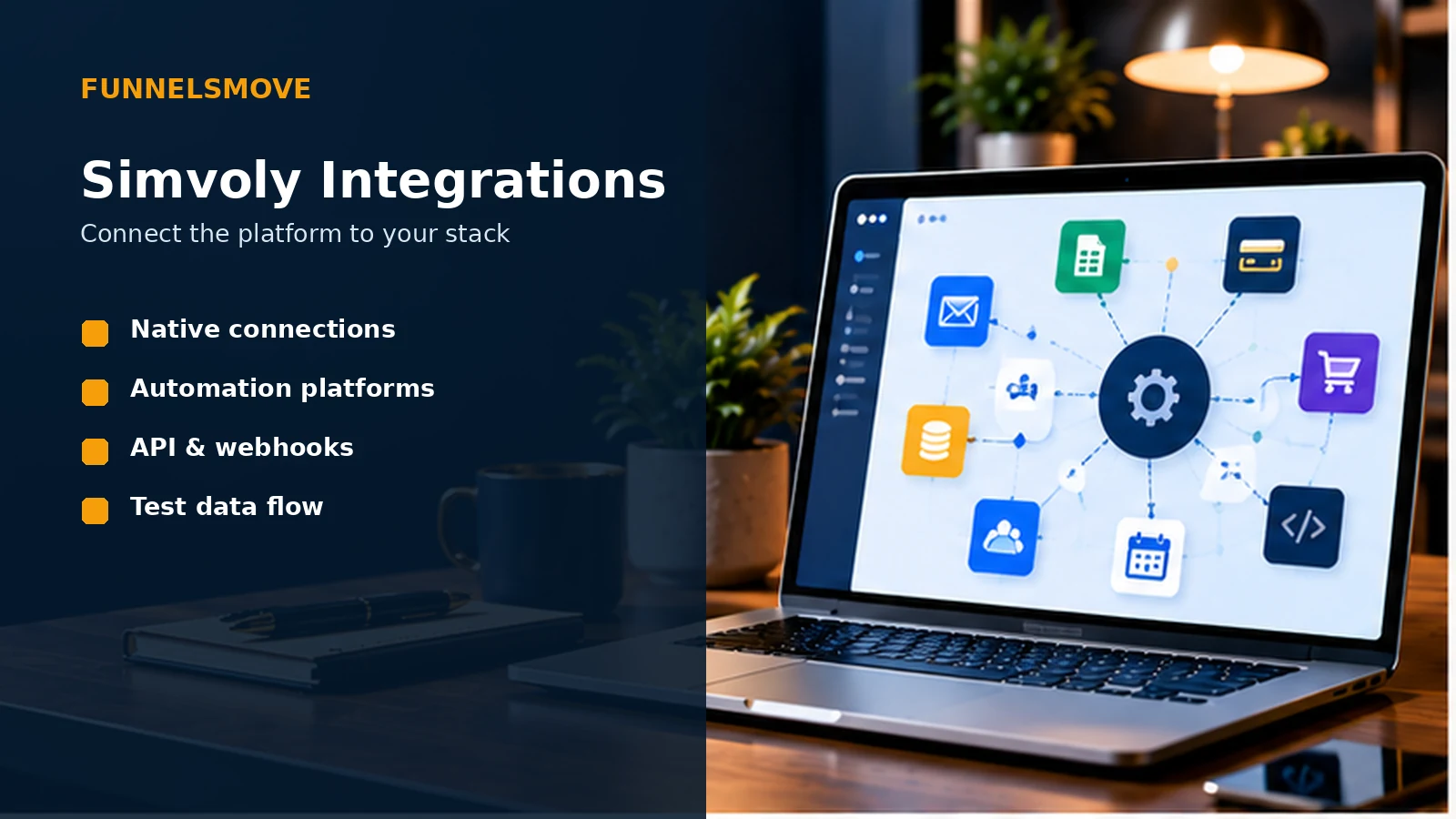 Simvoly integrations guide in a modern laptop workspace