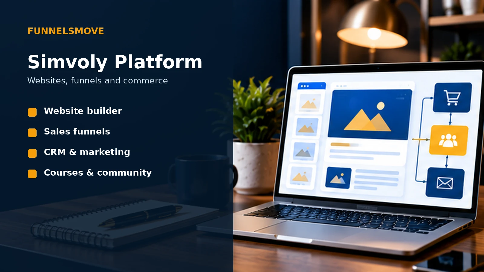 Simvoly platform guide in a modern laptop workspace