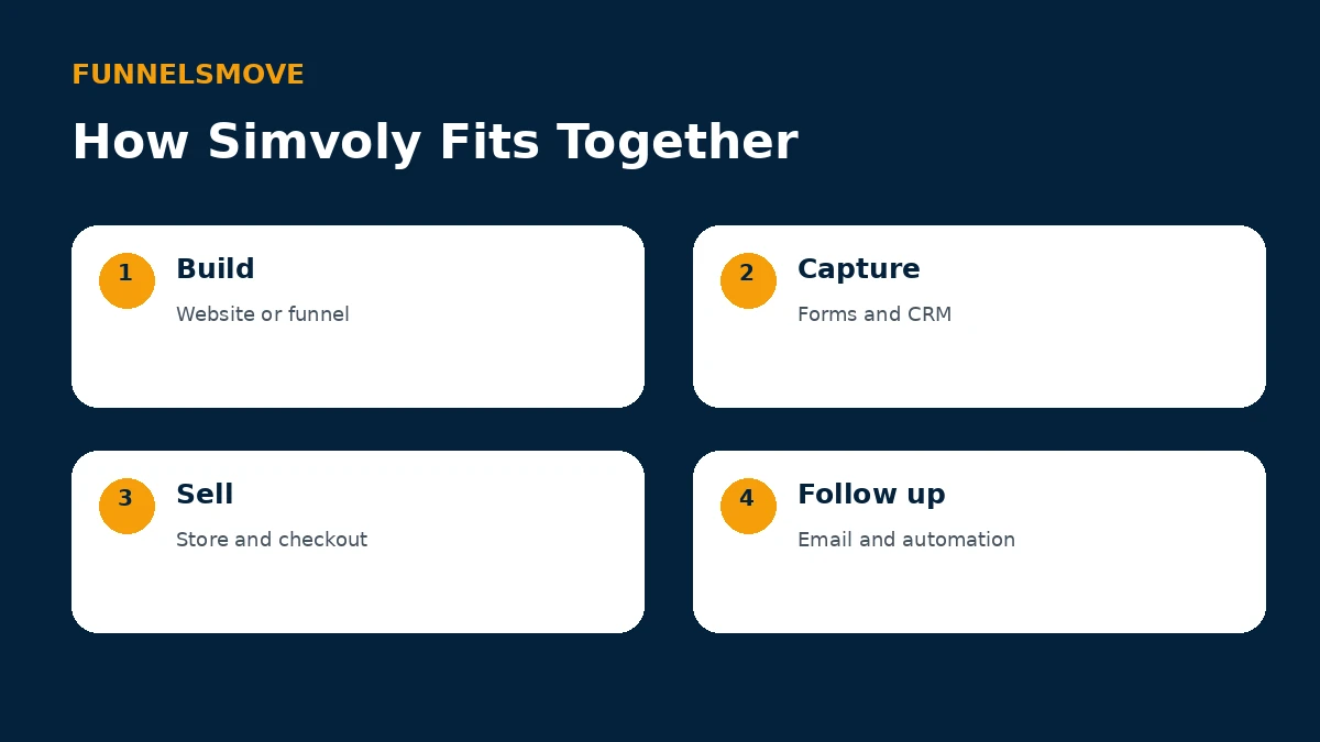 Four-part framework showing how Simvoly connects building, leads, selling and follow-up