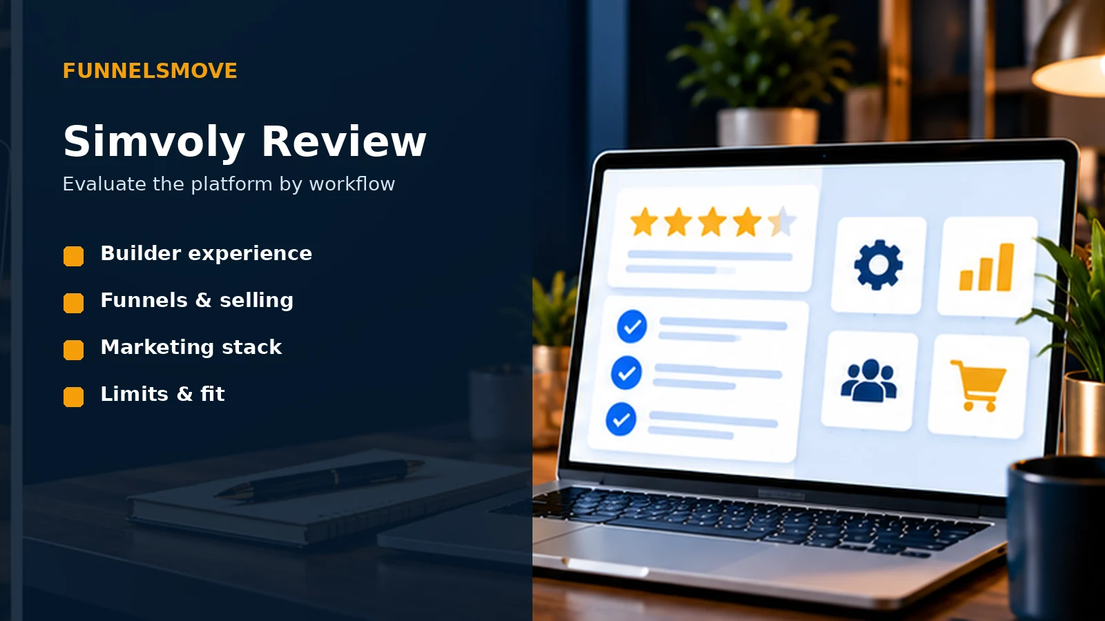 Simvoly review framework displayed in a modern laptop workspace
