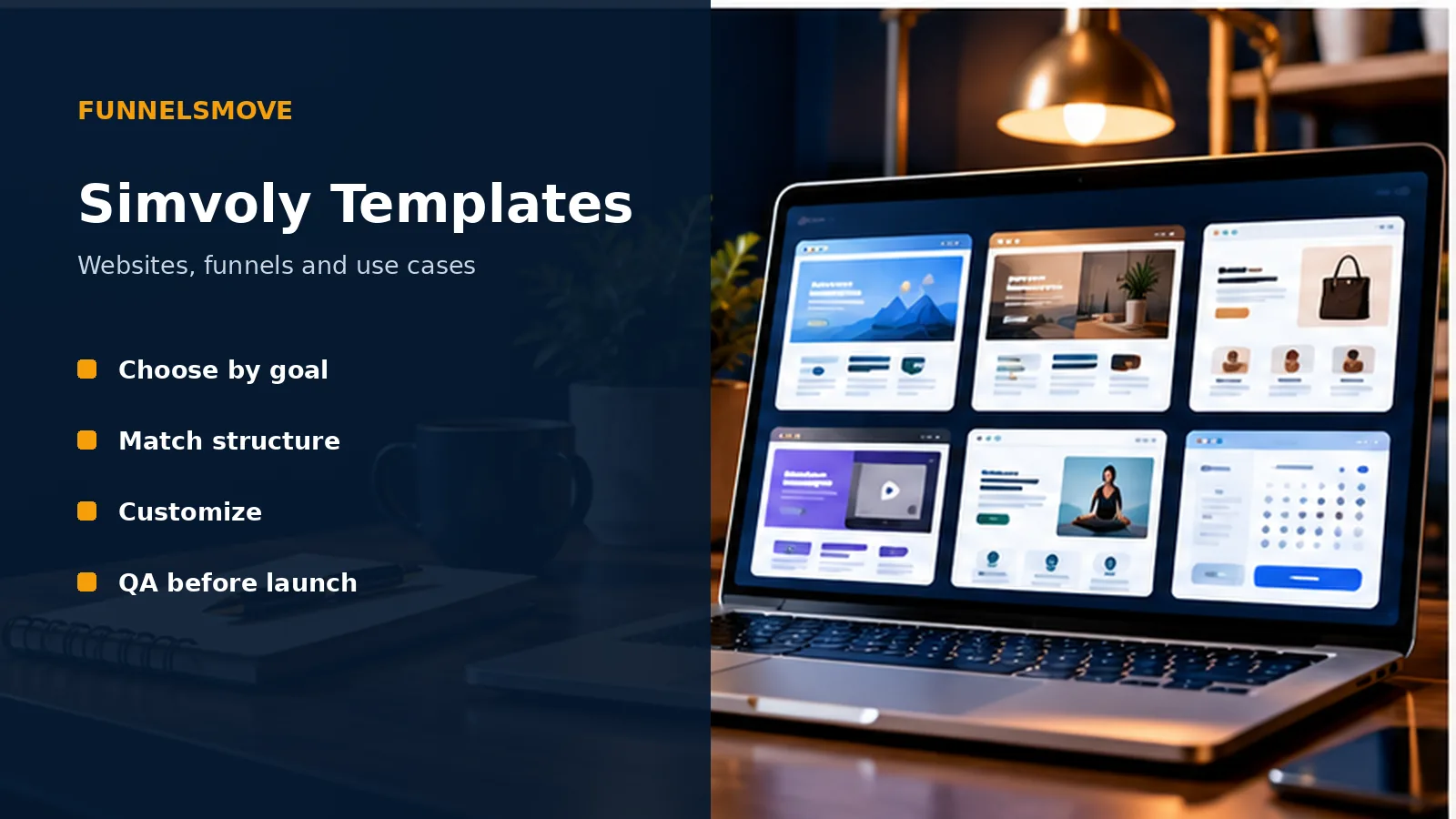 Simvoly Templates: Websites, Funnels and Use Cases illustrated in a modern laptop workspace