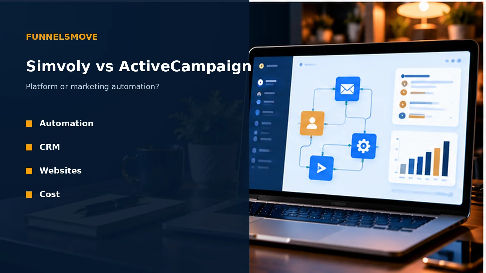 Simvoly vs ActiveCampaign: Platform or Marketing Automation? illustrated in a modern workspace