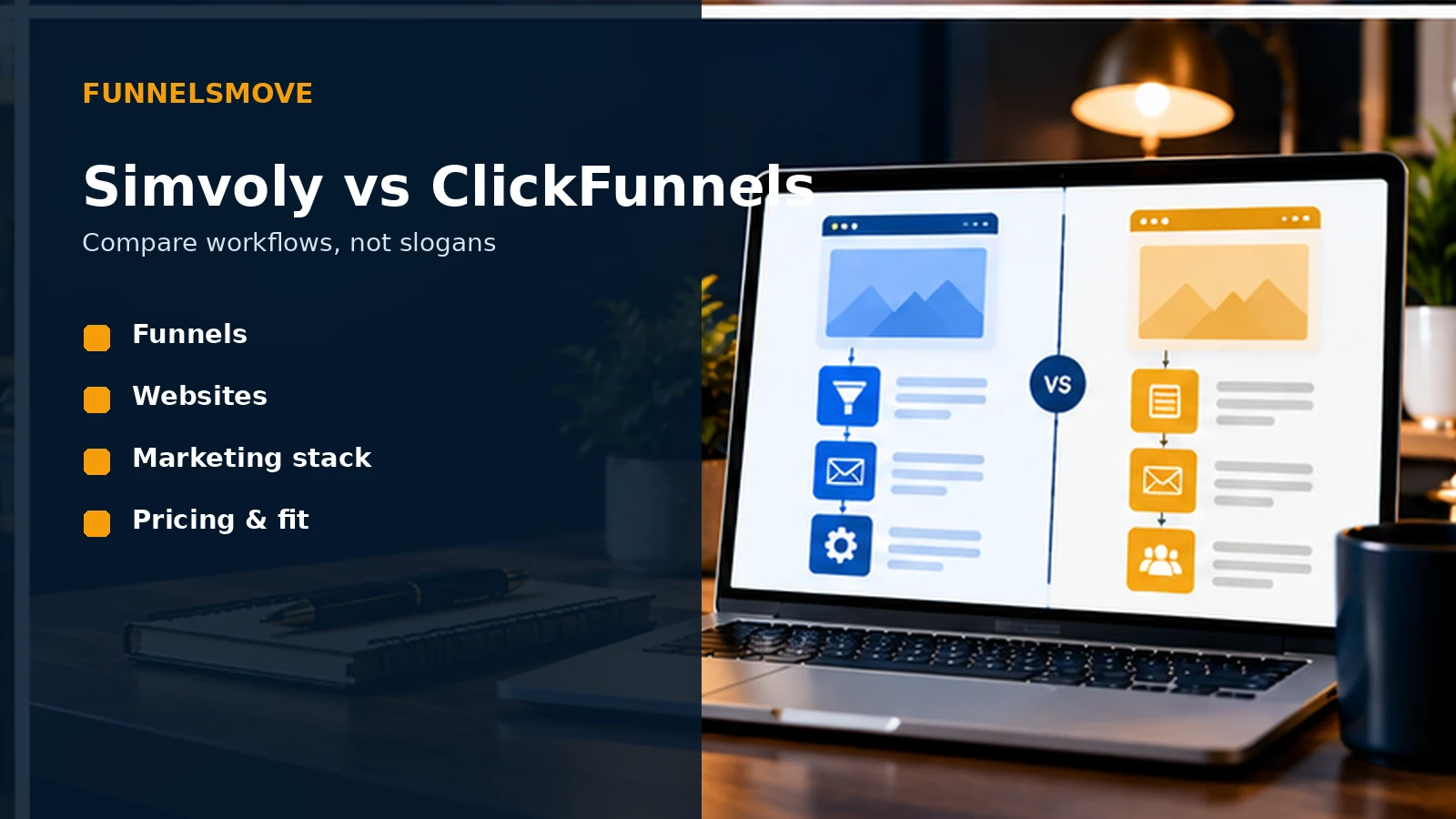Simvoly versus ClickFunnels comparison displayed in a laptop workspace