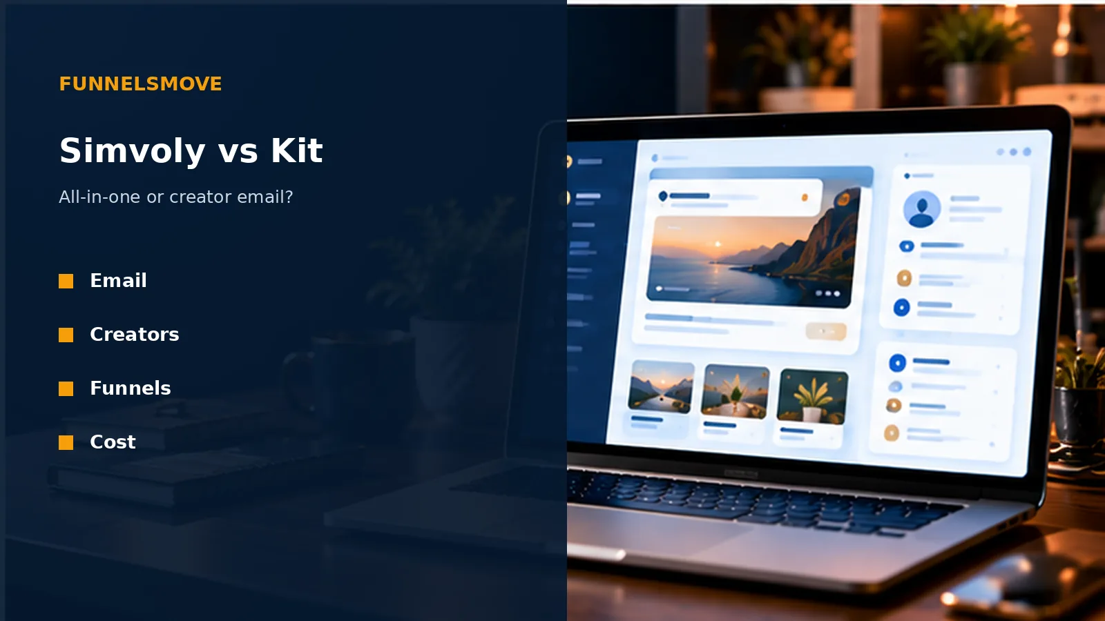 Simvoly vs Kit: All-in-One Platform or Creator Email? illustrated in a modern workspace