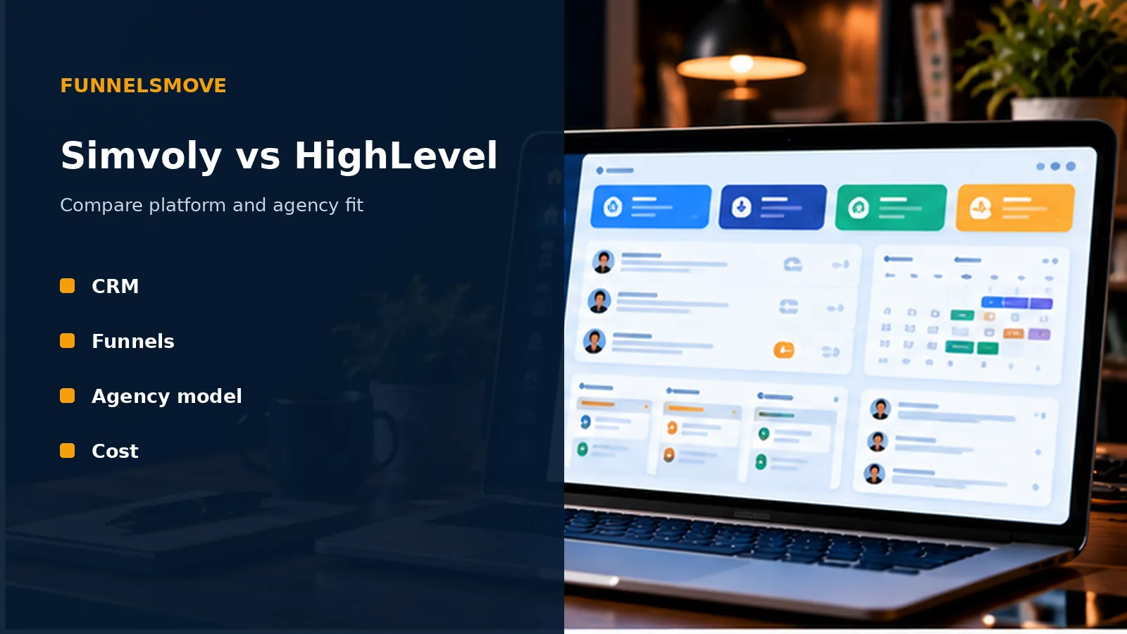 Simvoly vs GoHighLevel: Platform and Agency Fit illustrated in a modern laptop workspace