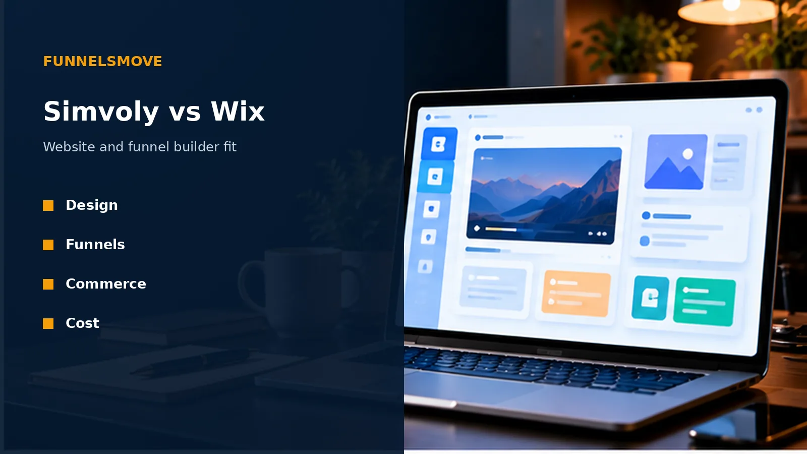Simvoly vs Wix: Website and Funnel Builder Fit illustrated in a modern workspace