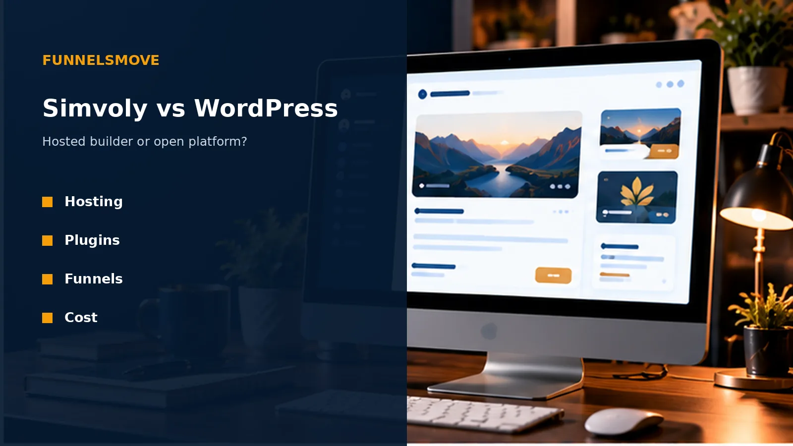 Simvoly vs WordPress: Hosted Builder or Open Platform? illustrated in a modern workspace
