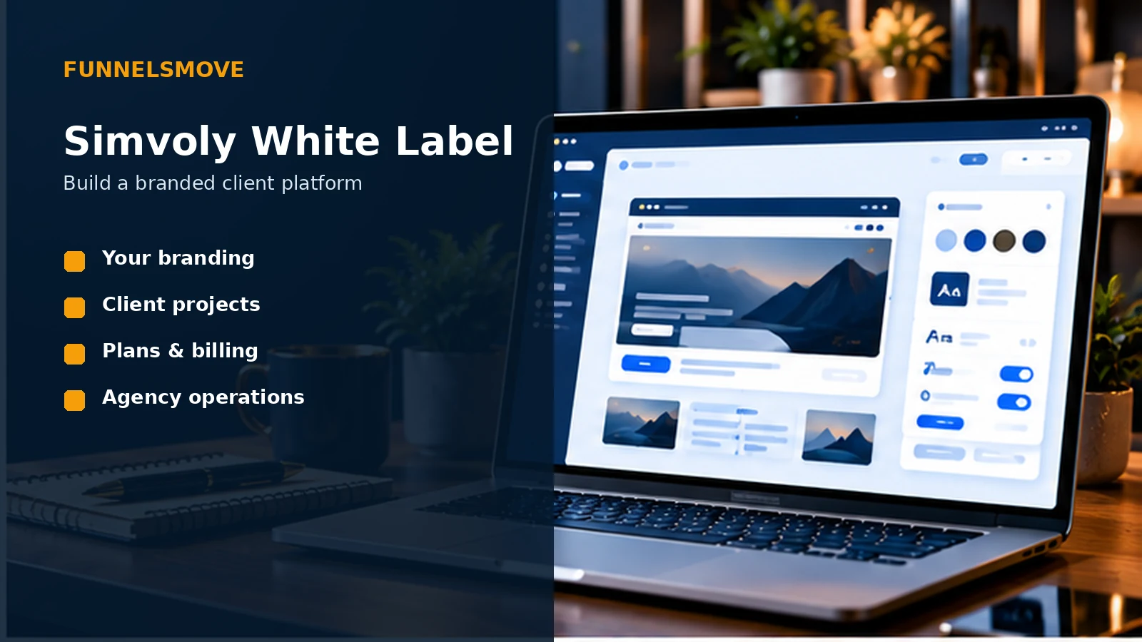 Simvoly white label platform guide in a branded laptop workspace
