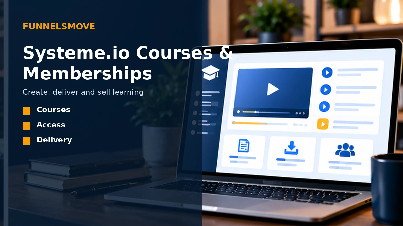 Systeme.io courses and memberships guide in a laptop workspace