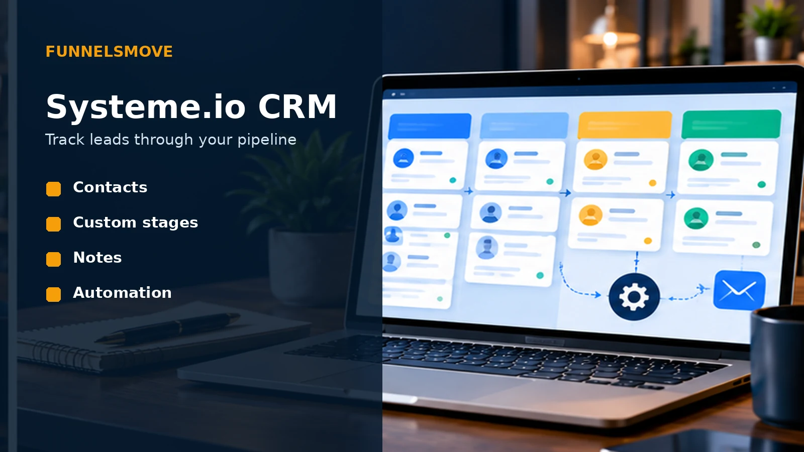 Systeme.io CRM pipeline shown in a laptop workspace