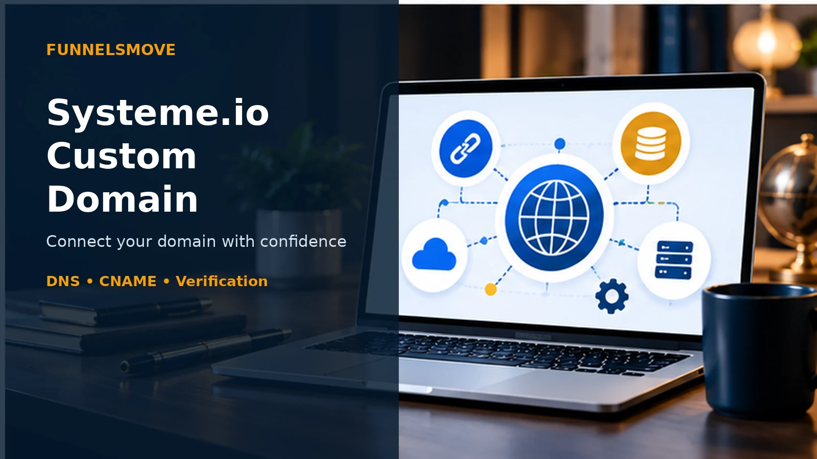 Systeme.io custom domain and DNS setup guide with laptop workspace