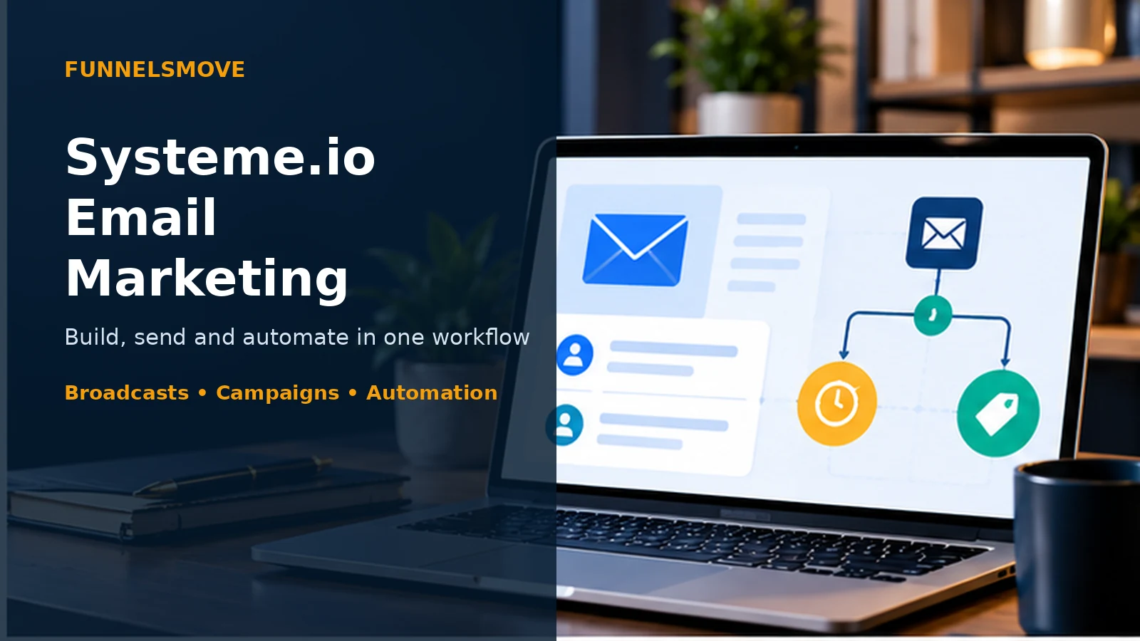Systeme.io email marketing guide with laptop workspace