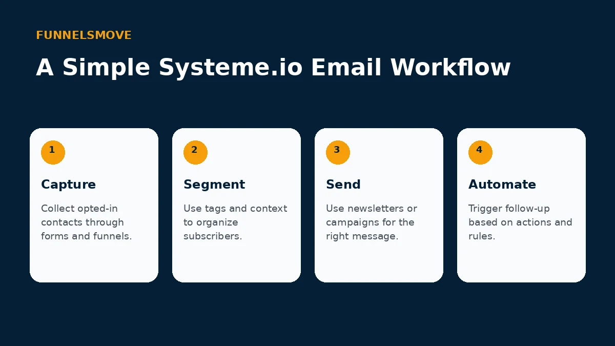 Four-step Systeme.io email marketing workflow infographic