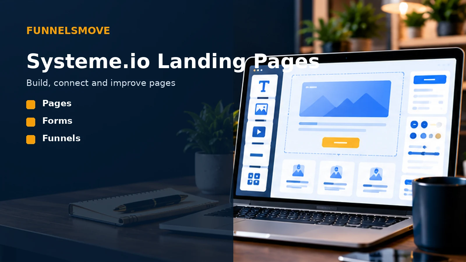 Systeme.io landing pages guide in a laptop workspace