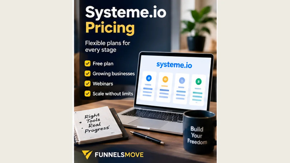 Systeme.io Pricing: Free, Startup, Webinar and Unlimited editorial illustration