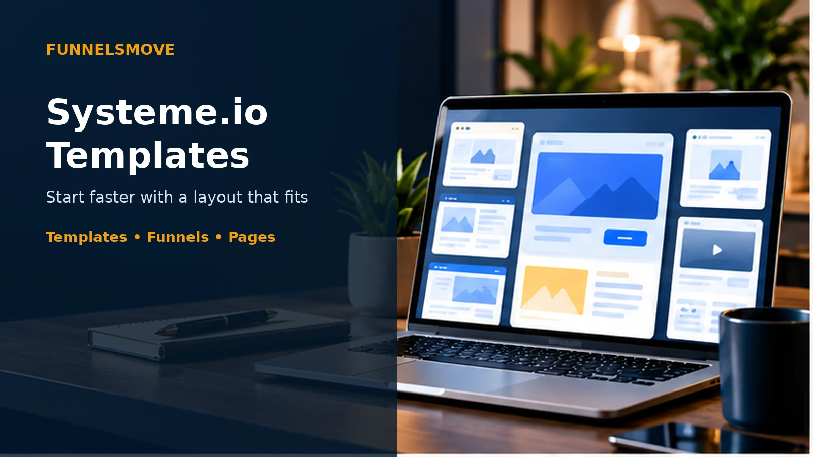 Systeme.io templates guide with laptop workspace