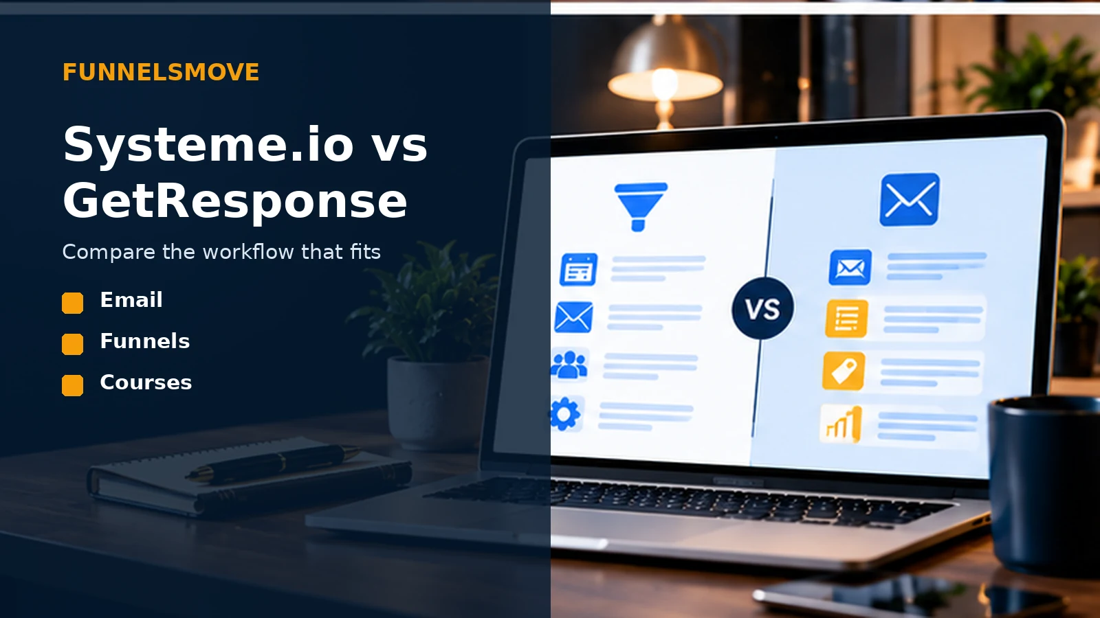Systeme.io versus GetResponse comparison in a laptop workspace