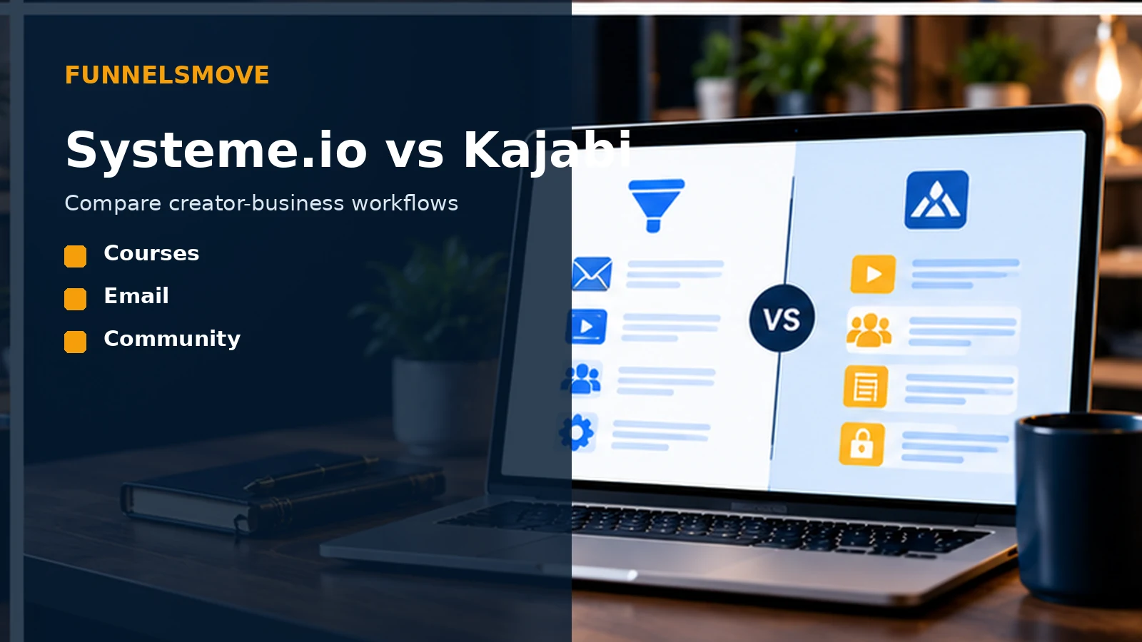 Systeme.io versus Kajabi comparison in a laptop workspace