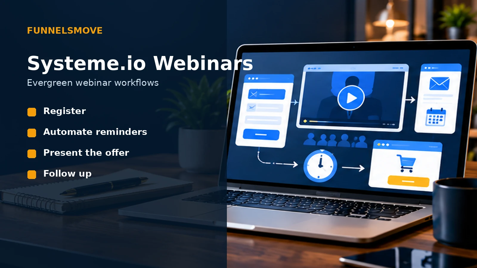 Systeme.io evergreen webinar workflow shown in a laptop workspace