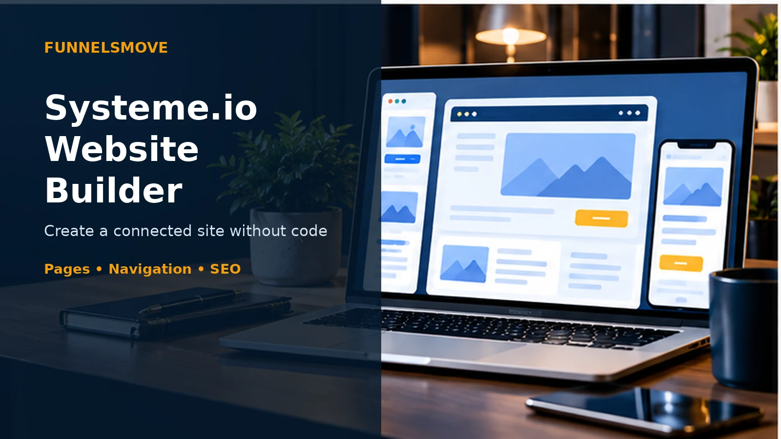 Systeme.io website builder guide with laptop workspace